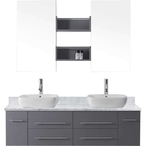 Augustine 59" Double Bathroom Vanity in Grey with Marble Top and Square Sink with Polished Chrome Faucet and Mirrors