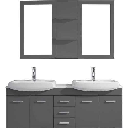 Ophelia 59" Double Bathroom Vanity in Grey with White Ceramic Top and Square Sink with Polished Chrome Faucet and Mirrors