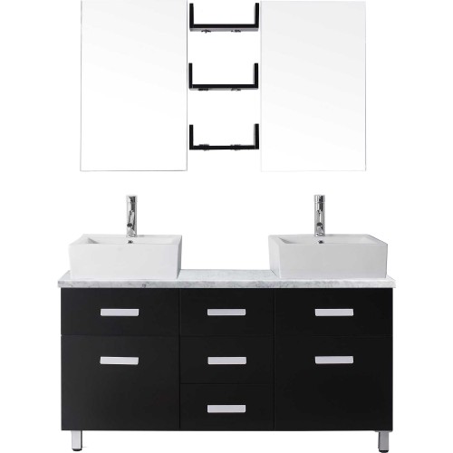 Maybell 55" Double Bathroom Vanity in Espresso with Marble Top and Square Sink with Polished Chrome Faucet and Mirrors