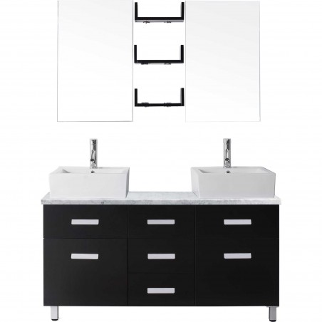 Maybell 55" Double Bathroom Vanity in Espresso with Marble Top and Square Sink with Polished Chrome Faucet and Mirrors