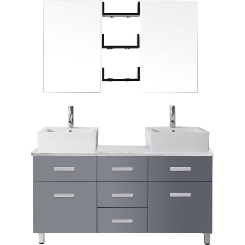 Maybell 55" Double Bathroom Vanity in Grey with Marble Top and Square Sink with Polished Chrome Faucet and Mirrors