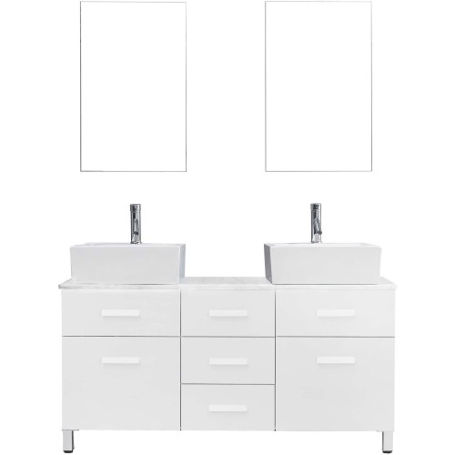 Maybell 55" Double Bathroom Vanity in White with Marble Top and Square Sink with Polished Chrome Faucet and Mirrors