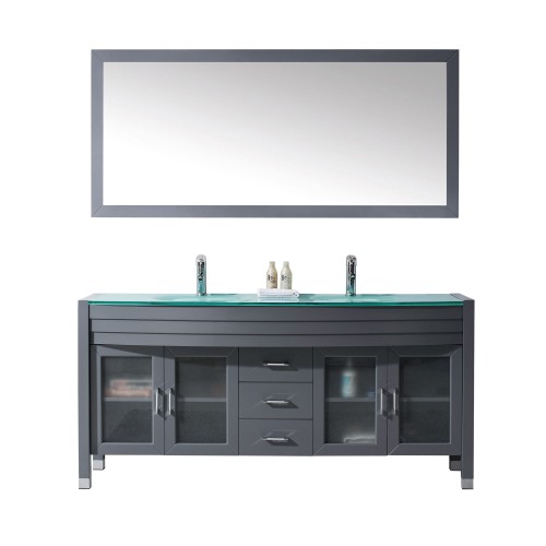 Ava 71" Double Bathroom Vanity in Grey with Aqua Tempered Glass Top and  Sink with Polished Chrome Faucet and Mirror