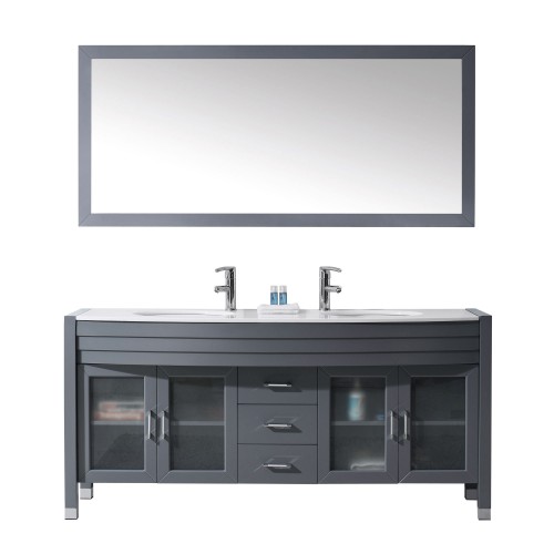 Ava 71" Double Bathroom Vanity in Grey with White Engineered Stone Top and Round Sink with Polished Chrome Faucet and Mirror