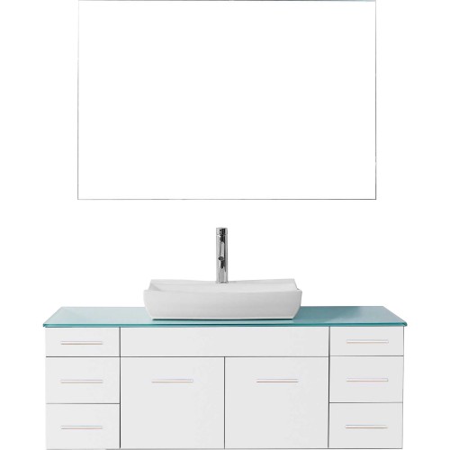 Biagio 55" Single Bathroom Vanity in White with Aqua Tempered Glass Top and Odd Sink with Polished Chrome Faucet and Mirror