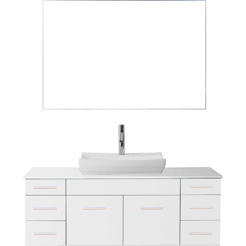 Biagio 55" Single Bathroom Vanity in White with White Engineered Stone Top and Odd Sink with Polished Chrome Faucet and Mirror
