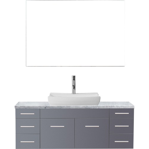 Biagio 55" Single Bathroom Vanity in Grey with Marble Top and Odd Sink with Polished Chrome Faucet and Mirror