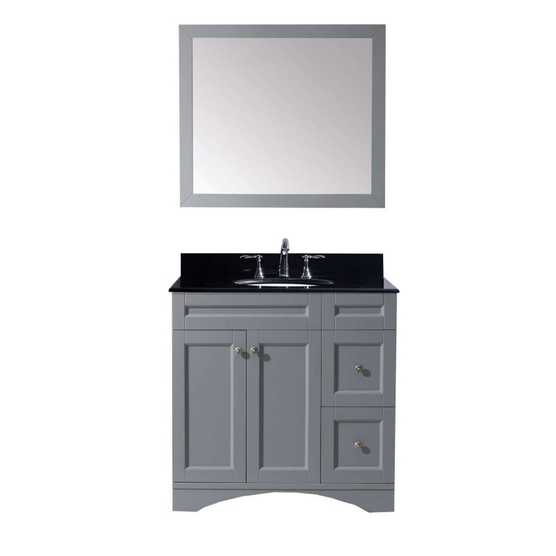 Elise 36" Single Bathroom Vanity in Grey with Black Galaxy Granite Top and Round Sink with Mirror