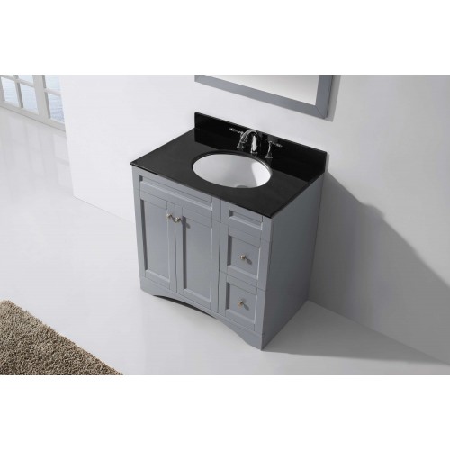 Elise 36" Single Bathroom Vanity in Grey with Black Galaxy Granite Top and Round Sink with Mirror