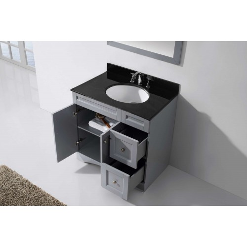 Elise 36" Single Bathroom Vanity in Grey with Black Galaxy Granite Top and Round Sink with Mirror