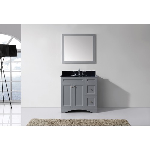 Elise 36" Single Bathroom Vanity in Grey with Black Galaxy Granite Top and Round Sink with Mirror