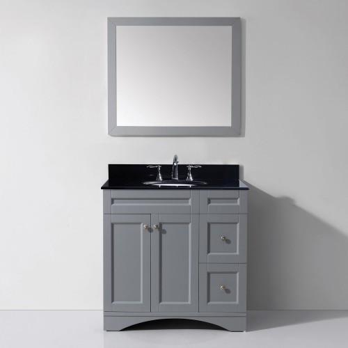 Elise 36" Single Bathroom Vanity in Grey with Black Galaxy Granite Top and Round Sink with Mirror