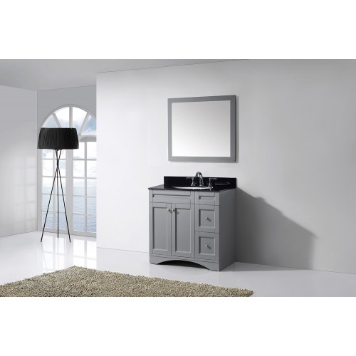 Elise 36" Single Bathroom Vanity in Grey with Black Galaxy Granite Top and Round Sink with Mirror