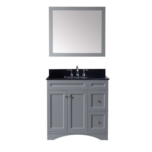 Elise 36" Single Bathroom Vanity in Grey with Black Galaxy Granite Top and Square Sink with Mirror