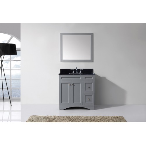 Elise 36" Single Bathroom Vanity in Grey with Black Galaxy Granite Top and Square Sink with Mirror