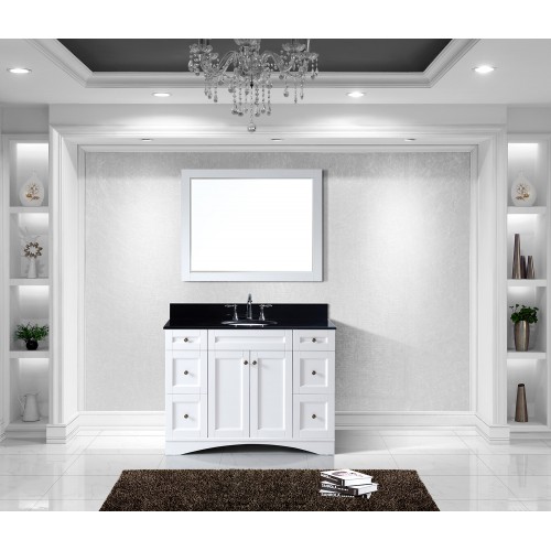 Elise 48" Single Bathroom Vanity in White with Black Galaxy Granite Top and Round Sink with Mirror