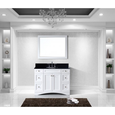 Elise 48" Single Bathroom Vanity in White with Black Galaxy Granite Top and Round Sink with Mirror