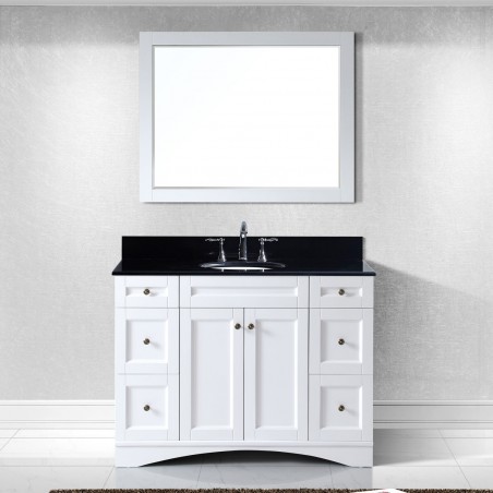 Elise 48" Single Bathroom Vanity in White with Black Galaxy Granite Top and Round Sink with Mirror