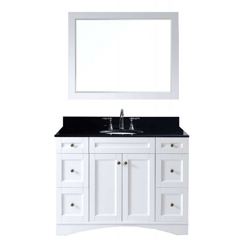 Elise 48" Single Bathroom Vanity in White with Black Galaxy Granite Top and Round Sink with Mirror