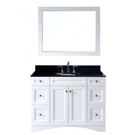 Elise 48" Single Bathroom Vanity in White with Black Galaxy Granite Top and Round Sink with Mirror