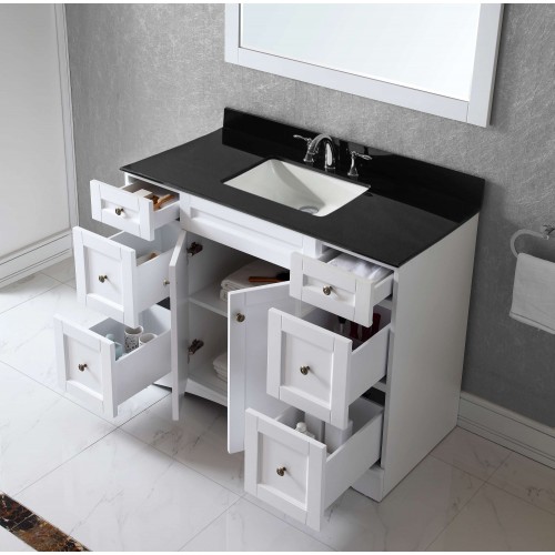 Elise 48" Single Bathroom Vanity in White with Black Galaxy Granite Top and Square Sink with Mirror