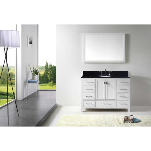 Caroline Avenue 48" Single Bathroom Vanity in White with Black Galaxy Granite Top and Round Sink with Mirror