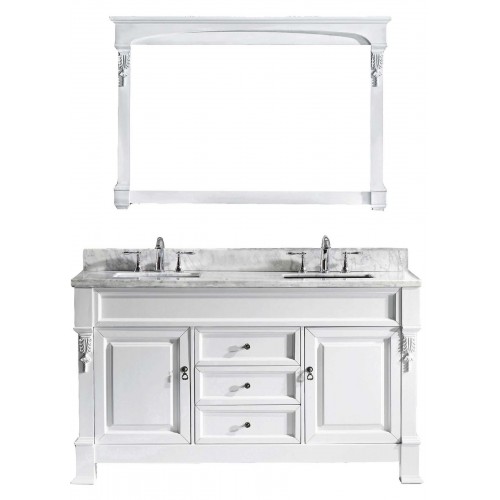 Huntshire 60" Single Bathroom Vanity in White with Marble Top and Square Sink with Mirror