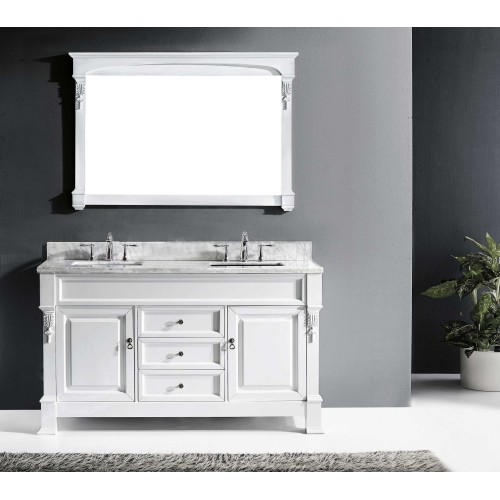 Huntshire 60" Single Bathroom Vanity in White with Marble Top and Square Sink with Mirror