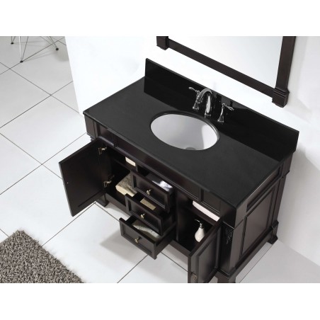 Huntshire 48" Single Bathroom Vanity in Dark Walnut with Black Galaxy Granite Top and Round Sink with Mirror