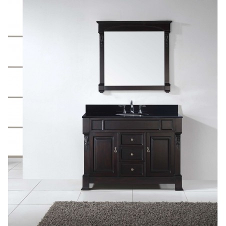 Huntshire 48" Single Bathroom Vanity in Dark Walnut with Black Galaxy Granite Top and Round Sink with Mirror