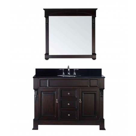 Huntshire 48" Single Bathroom Vanity in Dark Walnut with Black Galaxy Granite Top and Round Sink with Mirror