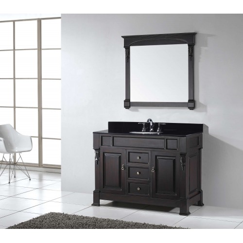 Huntshire 48" Single Bathroom Vanity in Dark Walnut with Black Galaxy Granite Top and Round Sink with Mirror