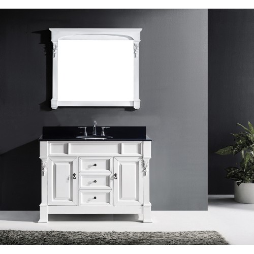 Huntshire 48" Single Bathroom Vanity in White with Black Galaxy Granite Top and Round Sink with Mirror