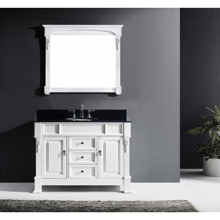 Huntshire 48" Single Bathroom Vanity in White with Black Galaxy Granite Top and Round Sink with Mirror