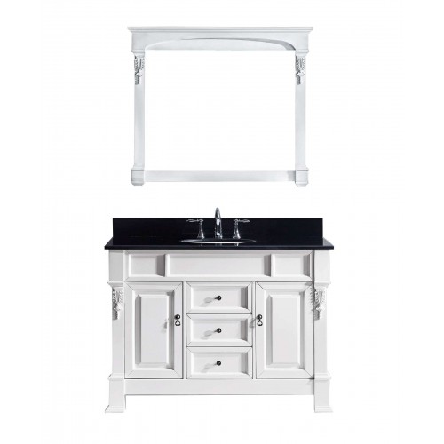 Huntshire 48" Single Bathroom Vanity in White with Black Galaxy Granite Top and Round Sink with Mirror