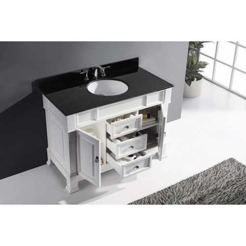 Huntshire 48" Single Bathroom Vanity in White with Black Galaxy Granite Top and Round Sink with Mirror