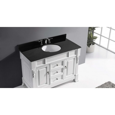 Huntshire 48" Single Bathroom Vanity in White with Black Galaxy Granite Top and Round Sink with Mirror