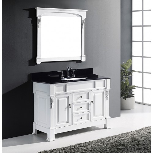 Huntshire 48" Single Bathroom Vanity in White with Black Galaxy Granite Top and Round Sink with Mirror