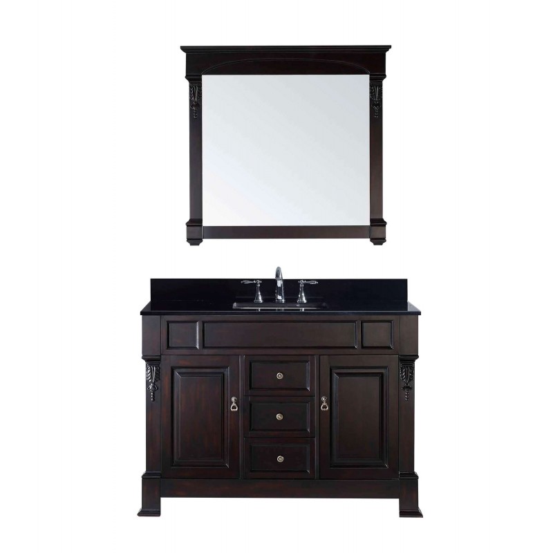 Huntshire 48" Single Bathroom Vanity in Dark Walnut with Black Galaxy Granite Top and Square Sink with Mirror