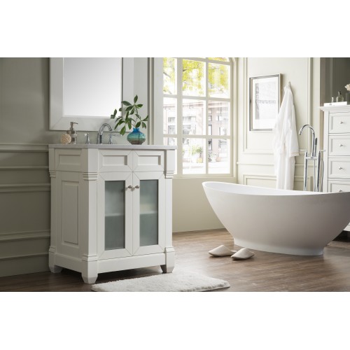 Weston 30" Vanity w/Glass Doors, Cottage White w/Arctic Fall Top