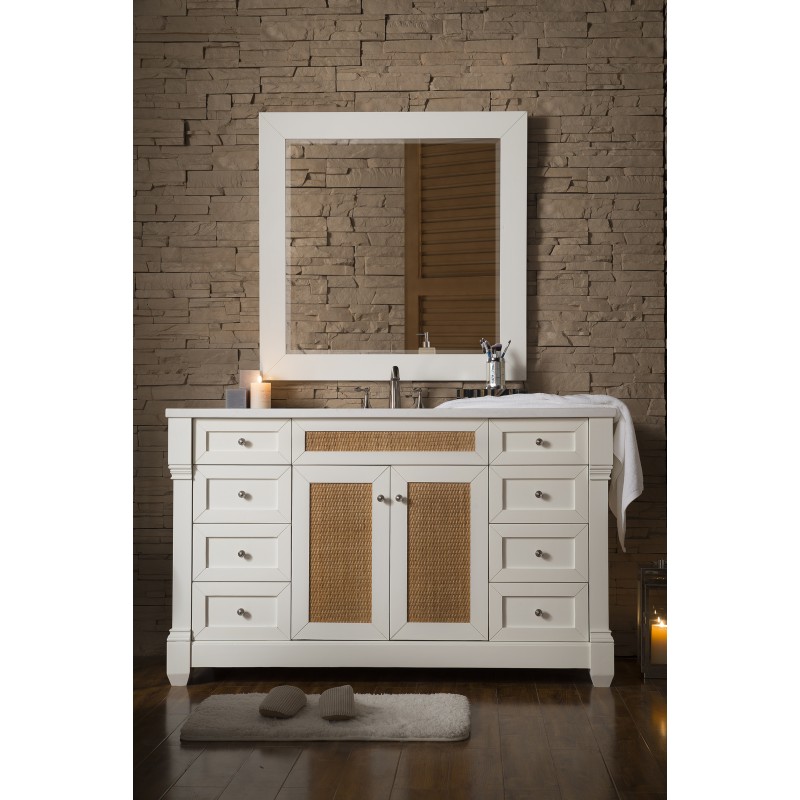 Weston 60" Single Vanity w/ Raffia Doors, Cottage White, w/ Arctic Fall Top