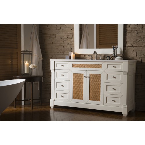 Weston 60" Single Vanity w/ Raffia Doors, Cottage White, w/ Arctic Fall Top