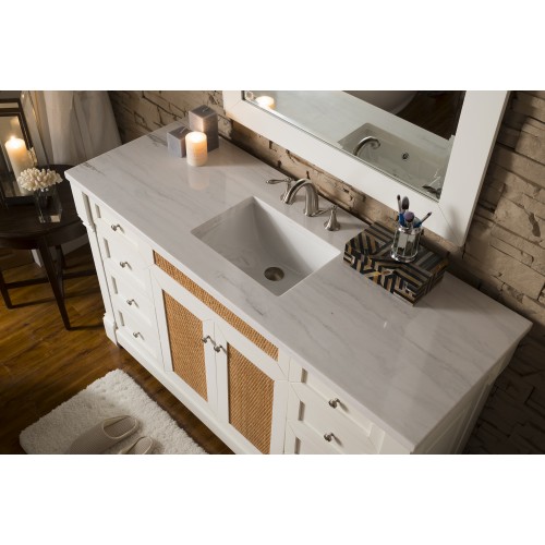 Weston 60" Single Vanity w/ Raffia Doors, Cottage White, w/ Arctic Fall Top