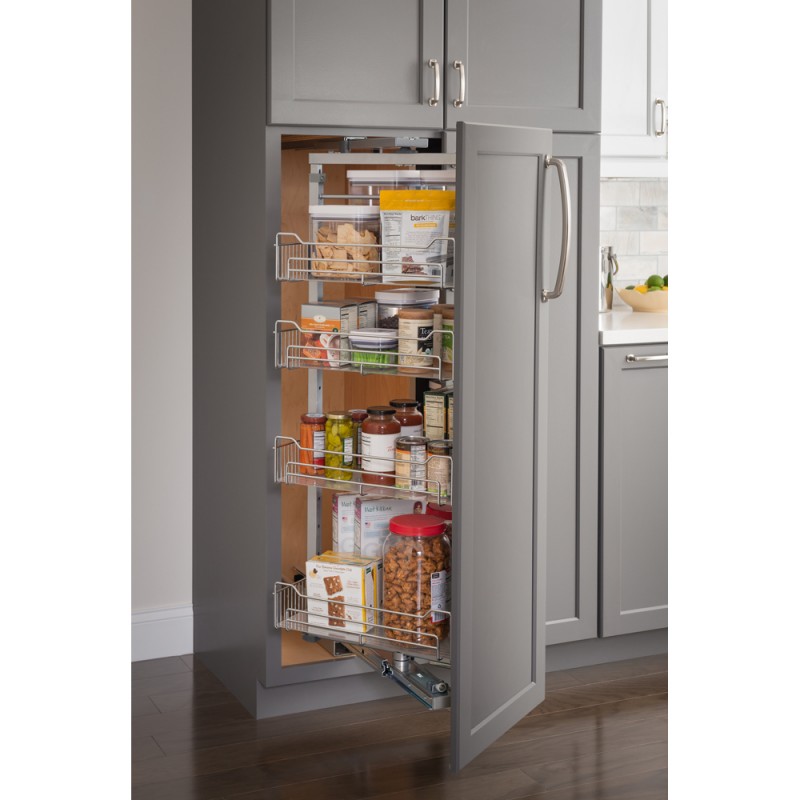 12" Chrome wire pantry pullout with swingout feature with he