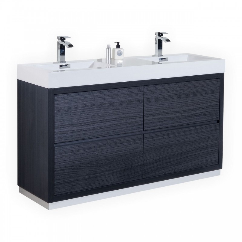 Bliss 60" Double Sink Gray Oak Free Standing Modern Bathroom Vanity