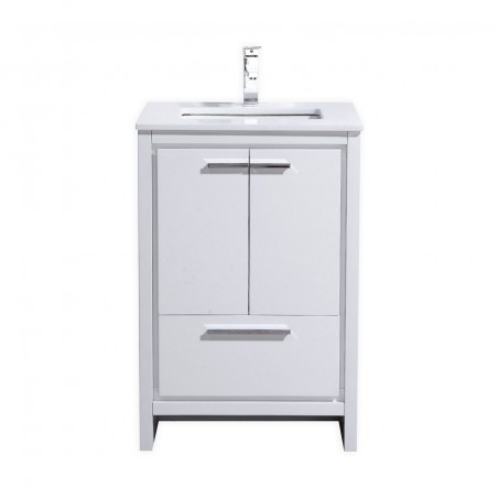 KubeBath Dolce 24″ High Gloss White Modern Bathroom Vanity with White Quartz Counter-Top