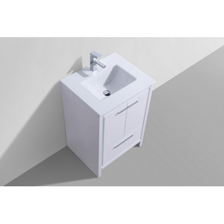 KubeBath Dolce 24″ High Gloss White Modern Bathroom Vanity with White Quartz Counter-Top