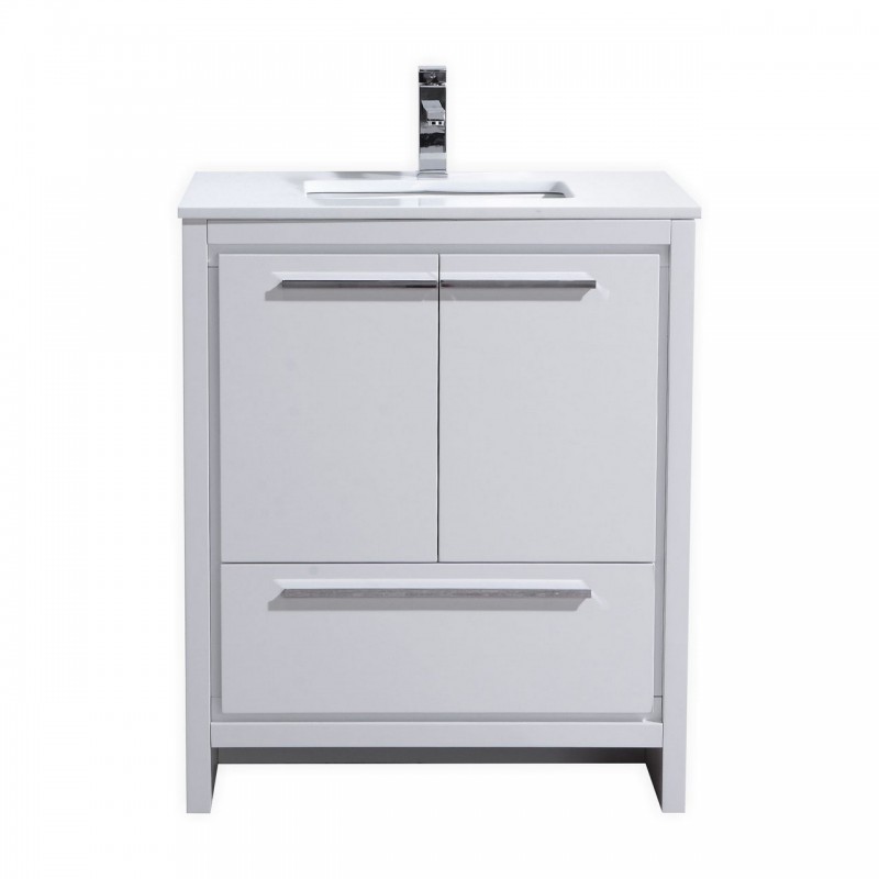 KubeBath Dolce 30″ High Gloss White Modern Bathroom Vanity with White Quartz Counter-Top