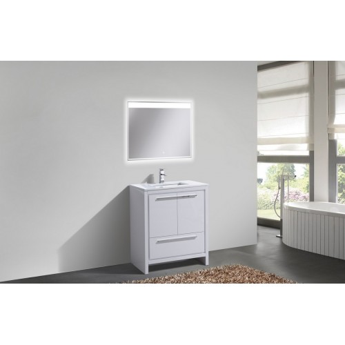 KubeBath Dolce 30″ High Gloss White Modern Bathroom Vanity with White Quartz Counter-Top