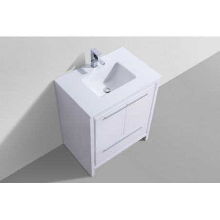 KubeBath Dolce 30″ High Gloss White Modern Bathroom Vanity with White Quartz Counter-Top